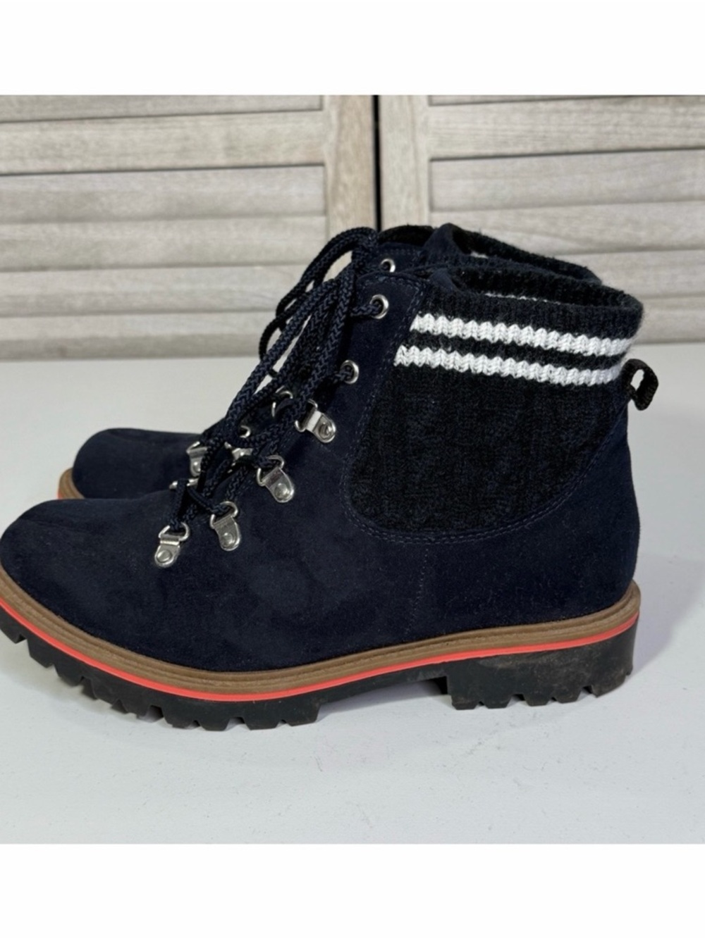 TORRID Faux Suede Sweater Knit Hiker Ankle Boot Navy Blue-7W